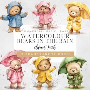 Ours en imperméable, ours en peluche sous la pluie clipart, ours en peluche sous la pluie, clipart aquarelle imprimable, haute qualité, téléchargement numérique, journal indésirable