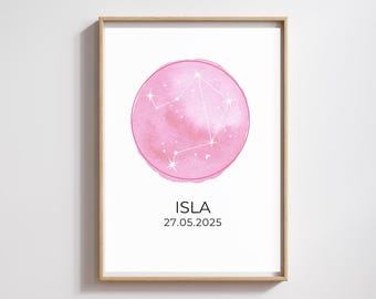 Lámina personalizada de nacimiento de bebé con constelación del zodiaco - Arte mural para habitación infantil (descarga digital)