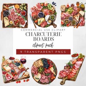 Clipart di salumi, clipart di cibo, tagliere di formaggi ad acquerello png, cultura francese, uso commerciale, carne e uva, download di diario spazzatura