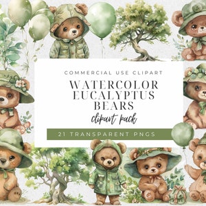Eucalyptus Teddy Bear Clipart, Baby Shower, Green Clipart For Invitation, Watercolor Teddy Bear Graphic, Teddy Bear Illustration For Nursery