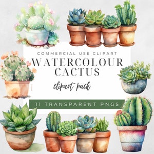 Clipart cactus aquarelle, 10 fichiers PNG de haute qualité, clipart de plantes succulentes, plantes en pot, graphiques imprimables Téléchargement instantané numérique