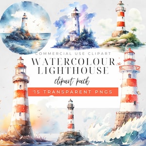 Watercolor Lighthouse Clipart, Beach,  Nautical Clip Art, Ocean Landscape, Seaside Clipart, Coastal Beacons, Digital Instant Download