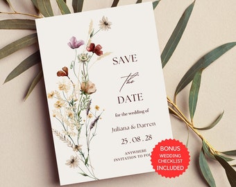 Save the date, Wildflowers Wedding Invitation Template, Printable Wedding Invitation, Save our date  Invitation, Floral Wreath, Juliana