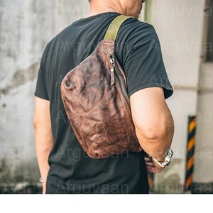 SLING BAG CROSSBODY, Retro Sling Bag, Chest Bag, Adjustable Strap Bag, Genuine Leather Retro Vintage Bag, Men's Chest Travel Bag Daypack image 5