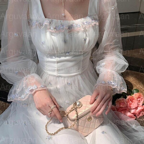 VESTIDO VICTORIANO, vestido MILKMAID, vestido casual francés vintage para invitadas de boda, vestido estético de manga abullonada para ropa de mujer