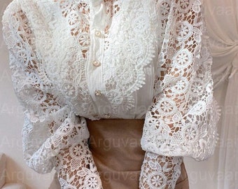 VICTORIAN LACE Top, High Neck BLOUSE, Lace Shirt, Puff Sleeve Top, Lace Embroidered Cotton & Polyester Button Up Full Sleeve Blouse Shirt