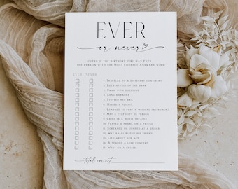 Black white adult birthday party game, birthday girl party game ideas, minimalist ever or never game template, for her ever or never -C05