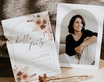 40th birthday party invite printable and decor, boho floral with photo woman adult birthday snvitation, hello forty b-day invitation - C019