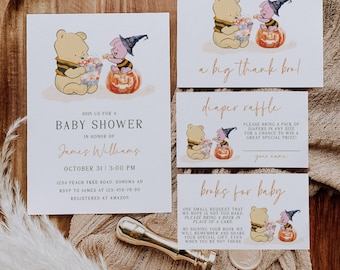 Classic winnie pooh halloween baby shower boho invitation set printable, sweets pumpkin pooh friends baby shower boy girl invite suite - C64
