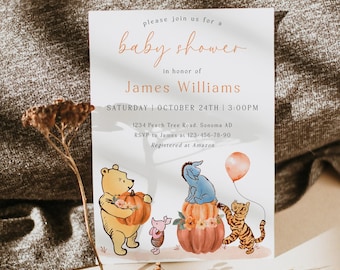 Fall classic winnie the pooh baby shower invitation printable, pooh pumpkin baby shower invitation, winnie friends baby shower invite - C58