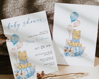 Oh boy baby shower invite, classic Winnie the Pooh baby shower invitation printable, blue pumpkins balloon boy baby shower invite - C61b