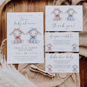 Może przedstawiać: Zaproszenie na przyjęcie z okazji narodzin bliźniąt z ilustracją niebieskiego i różowego baranka. Zaproszenie zawiera imiona Emilia i James Williams, datę 24 kwietnia i godzinę 15:00. Zaproszenie zawiera również adres 1234 Peach Tree Road, Sonoma AD, numer RSVP 123-456-78-90 oraz informacje o rejestrze, zarejestrowanym na Amazon.