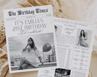 Personalized 21st birthday gift, newspaper birthday party invitation template, custom newspaper, modern foldable birthday infographic poster
