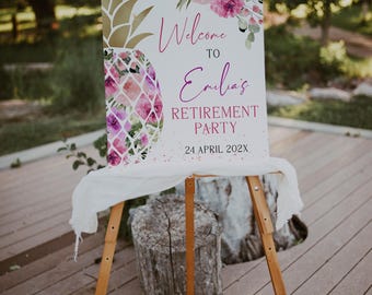 Hawaii Ruhestand Willkommensschild Vorlage, florales tropisches Thema Ruhestandsfeier Willkommensschild, Hawaiianisches Ruhestandsfeier Willkommensschild -C249