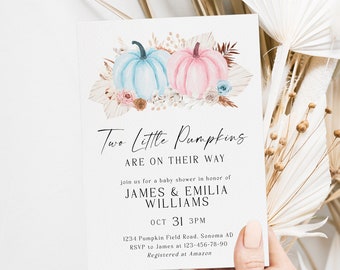 Two Little Pumpkins invitation printable, boho autumn flowers baby shower invite, pink blue pumpkins floral baby shower twins invite - C86t