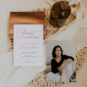 Cheers to Thirty Years ladies birthday party invitation printable, women's modern minimalist 30th birthday adult invitation card - C6