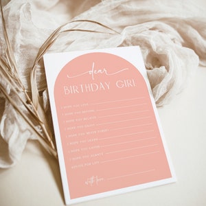 Printable advice dear birthday girl, bohemian arch birthday wishes card, dear birthday girl party game, minimalist pink wishes card - C01