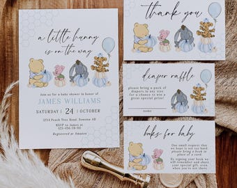 A little hunny is on the way baby shower invitation set template, boy fall pumpkin winnie the pooh and friends baby shower invite set - C60b