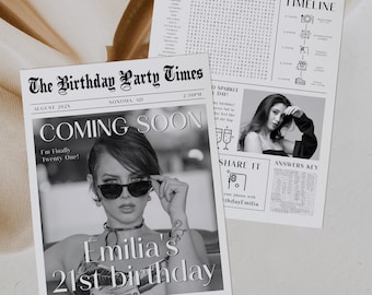 Black white newspaper birthday invite, 21st birthday party invitation template, newspaper headlines, personalized 21st birthday photoshoot