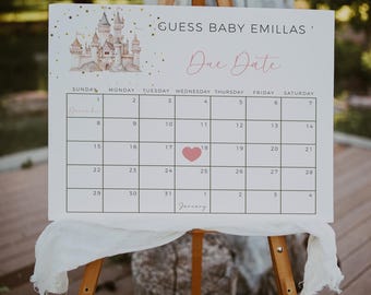 Boho rosa Schloss & goldene Sterne Babyparty Fälligkeitskalender Spiel zum ausdrucken, Babyparty Babyparty, Prinzessin Geburtstag erraten -C135