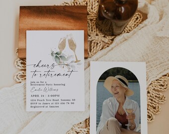 Cheers to retirement party invitation printable, champagne retirement party invite with photo, woman wine retirement party invitation - C211