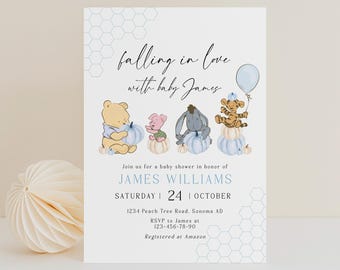 Falling in Love baby shower boy invitation template, vintage winnie pooh friends baby shower invite, pumpkin winnie baby shower invite -C60b