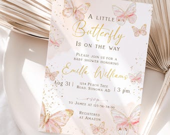 Editable A little butterfly is on the way baby shower invitation, butterflies baby shower girl invite, soft pink gold boho baby shower -C141