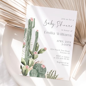 Flowering cacti baby shower invitation template, minimalist boho succulent baby shower girl invite, desert cactus baby shower invite - C54