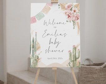 Baby shower con fiori rosa e cactus, cartello di benvenuto per baby shower messicano modificabile, poster di benvenuto per baby shower nel deserto boho - C51