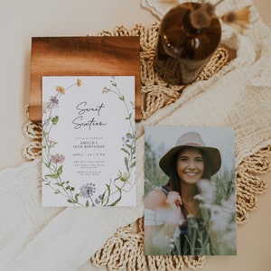 Summer garden party invitation, sweet sixteen wildflower birthday invitation with photo printable, floral 16th invitation - C026