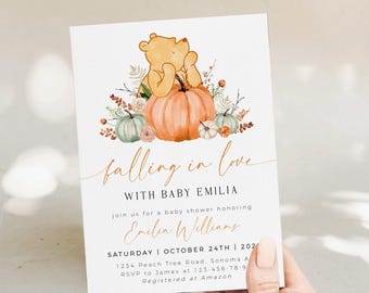 Falling in love baby shower invitation printable, winnie pooh pumpkins baby shower invite, classic winnie the pooh baby shower invite - C56