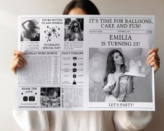 Foldable 25st birthday newspaper template, personalized 25st birthday party decorations, newspaper birthday invitation poster for him or her