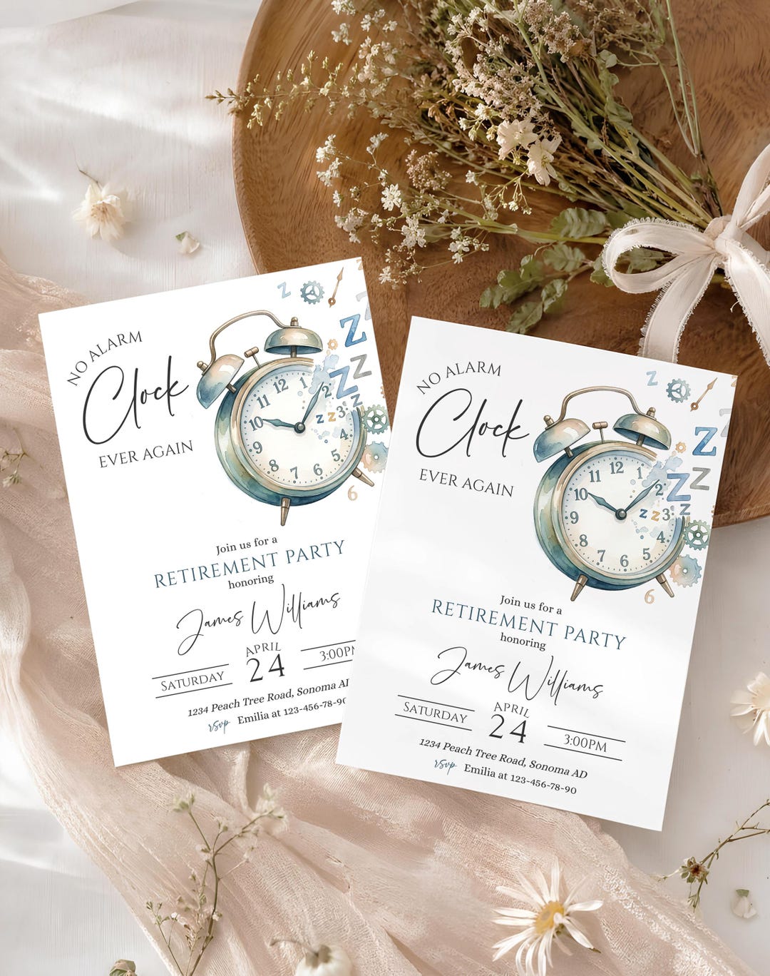 Blue Clock Modern Retirement Party Invitation for Man, No Alarm Clock ...