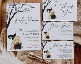 Classic winnie the pooh halloween baby shower invitation set printable, gender neutral gothic winnie the pooh baby shower invite suite - C62