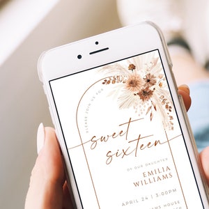 May include: A digital invitation for a sweet sixteen party with a floral design. The invitation features a brown arch with the text "Sweet Sixteen" and the name "Emilia Williams". The invitation also includes the date and time of the party, the location, and the RSVP information.