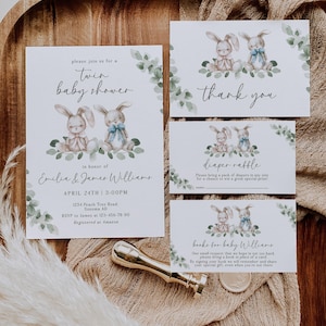 Boho greenery twin plush bunnies baby shower invite bundle, banny twin baby shower invitation set template, twin rabbits invite kit - C111t