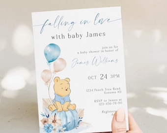Falling in love baby shower invitation printable, vintage winnie the pooh baby shower invite, boy blue pumpkins baby shower invite - C61b