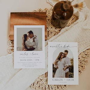 Wedding invite card template, modern wedding minimalist invitation card in spanish, invitación de boda moderna con fotografía espanol - C016