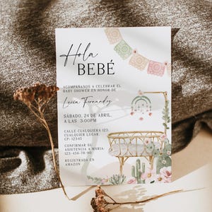 Hola Bebé boho invitación fiesta mexicana baby shower niña en español, cactus cradle baby shower girl invitation in spanish template - C53mx