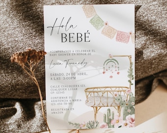 Hola Bebé boho invitación fiesta mexicana baby shower niña en español, cactus cradle baby shower girl invitation in spanish template - C53mx