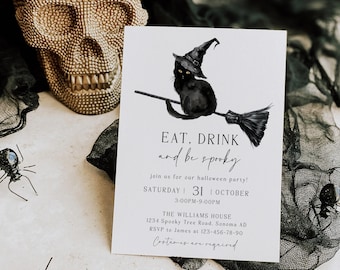 Eat drink and be spooky halloween party invitation printable, black cat halloween party invite, cat gothic adult halloween party invite -C99
