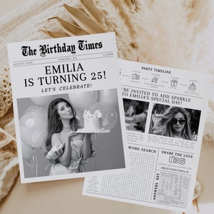 Personalized 25th birthday black classic newspaper printable, newspaper for bday photoshoot, newspaper bday party invite poster for any year