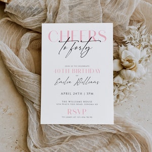 40th birthday invitation card, cheers to 40 years modern womans birthday invitation for all ages printable, boho theme birthday invite -C008