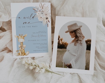 Giraffe blue boho floral baby shower invite, a wild one is on the way baby shower invitation printable, boy giraffe baby shower invite-C105b