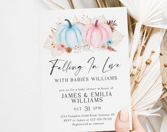 Falling in Love baby shower invitation printable, twins boho autumn baby shower invite, pink blue pumpkins twins baby shower invite - C86t
