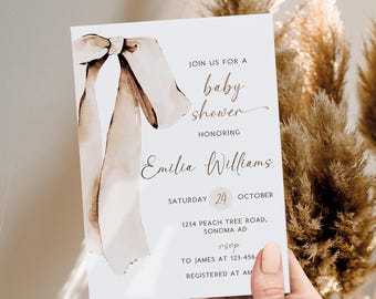 Vintage beige bow baby shower invitation template, minimalist boho gender neutral baby shower invite, beige ribbon baby shower invite - C153