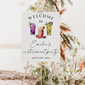 Cocktails Retirement party welcome sign printable, modern drinks Retirement party welcome poster, woman Retirement party welcome sign -C200