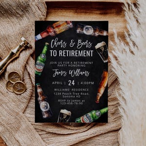 Cheers and beers to retirement party invite printable, retirement beer party invitation, man modern beer retirement party invitation - C239