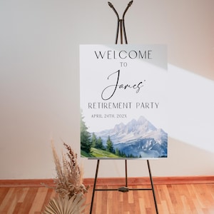 Travel Retirement party welcome sign printable, mountains Retirement welcome poster, modern travel man Retirement party welcome sign - C204