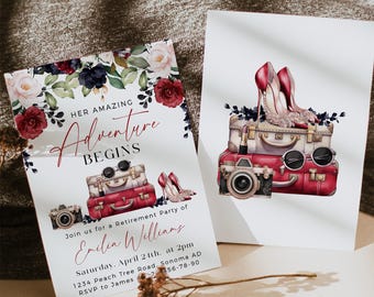 Her amazing adventure begins retirement party invitation template, travel retirement party invite, suitcase retirement party invite - C203